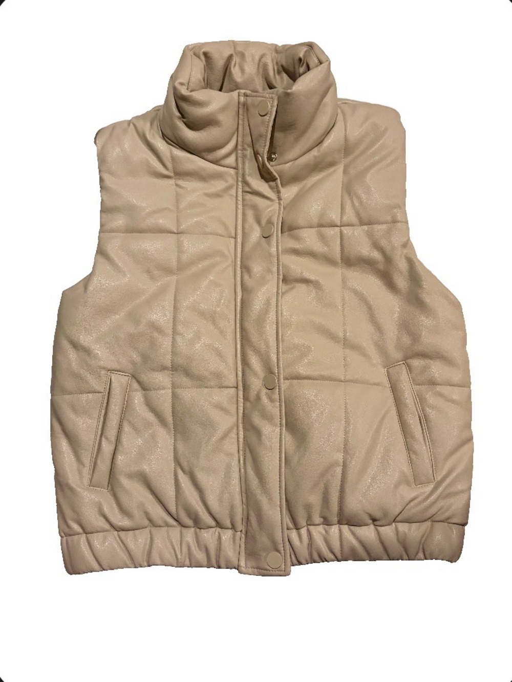 12th Tribe Cream Faux Leather Cropped Puffer Vest S Oversized Y2K Coachella Boho
